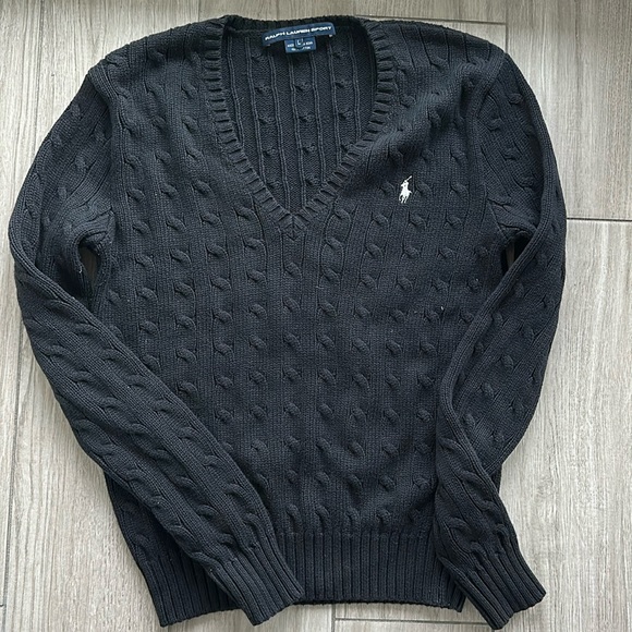 Ralph Lauren Sport Black V-neck Cableknit Pullover - Picture 1 of 9